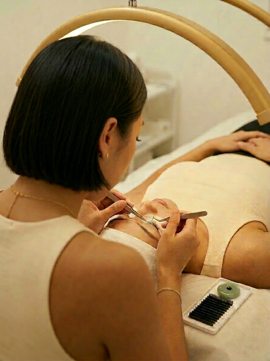 Premium lash extension tools — precision tweezers, silk fibers, and jade stone at Romantic Eyes studio in Crystal Mall, Burnaby